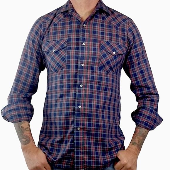 Vintage Karman Silver Collection Plaid Western Snap Shirt sz M - Picture 2 of 9